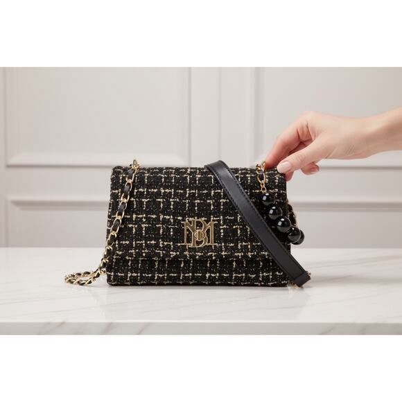 Badgley Mischka Black Tweed Boucle' Purse Mini Crossbody Bag Pearl NWT